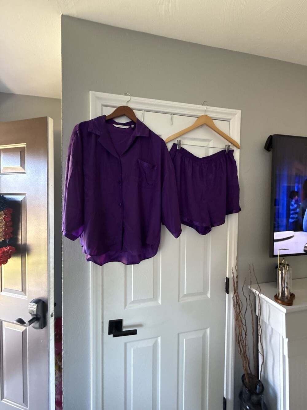 Victoria's Secret Purple Satin Pajama Set Button Down Top and Shorts